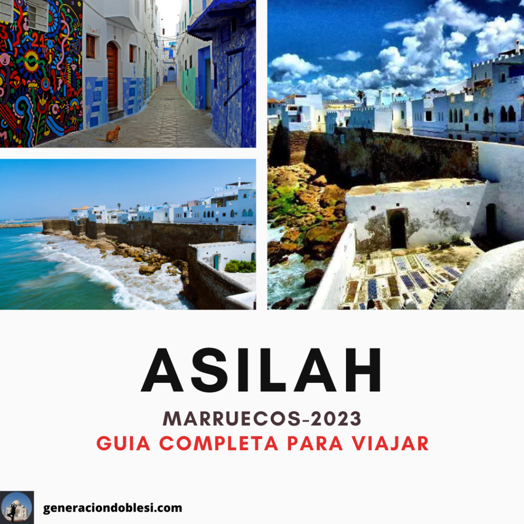 "Una vista panorámica de las murallas medievales de Asilah, rodeadas de casas de colores y una impresionante vista al mar en el fondo. Un lugar perfecto para sumergirse en la historia y la belleza natural de esta ciudad marroquí"



